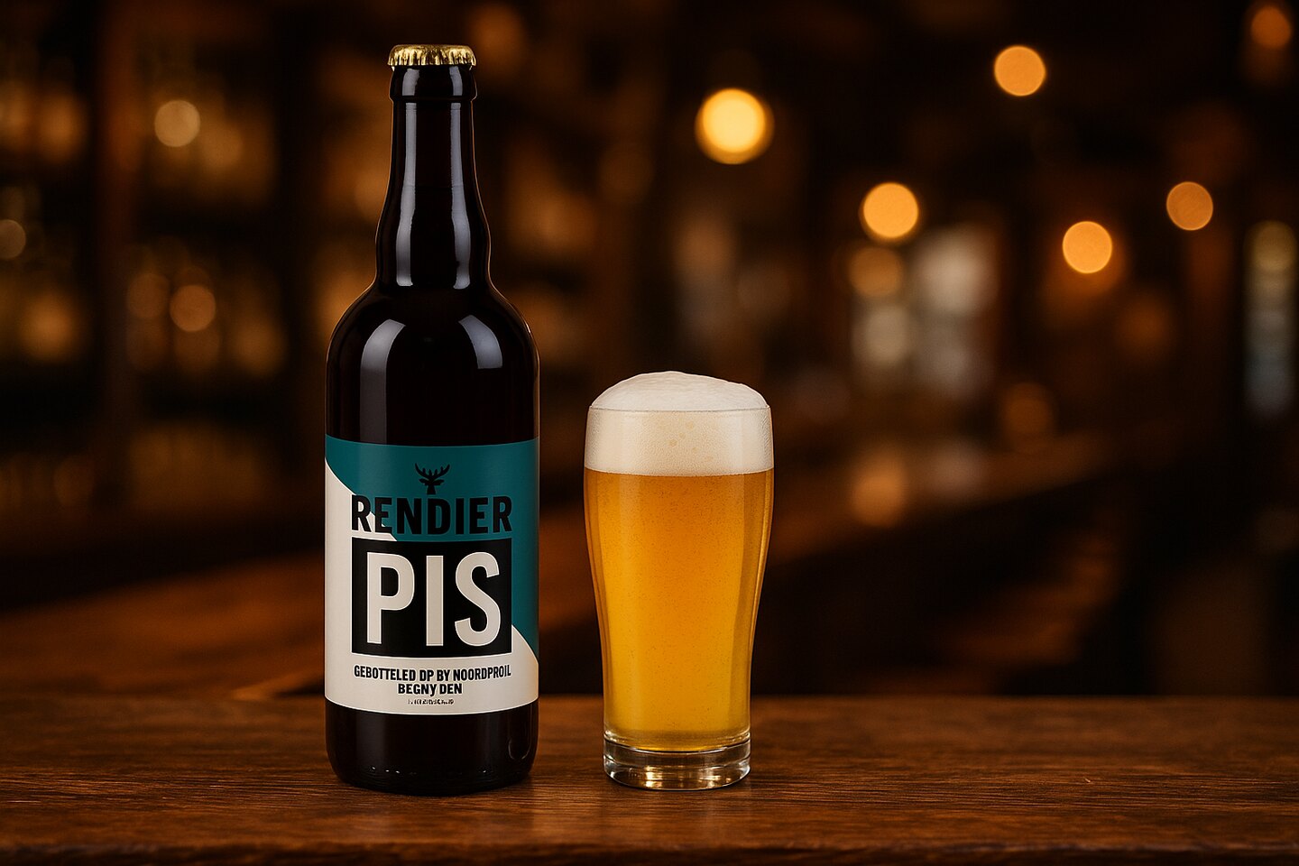 Bierfles van 750ml met het label Rendier pis